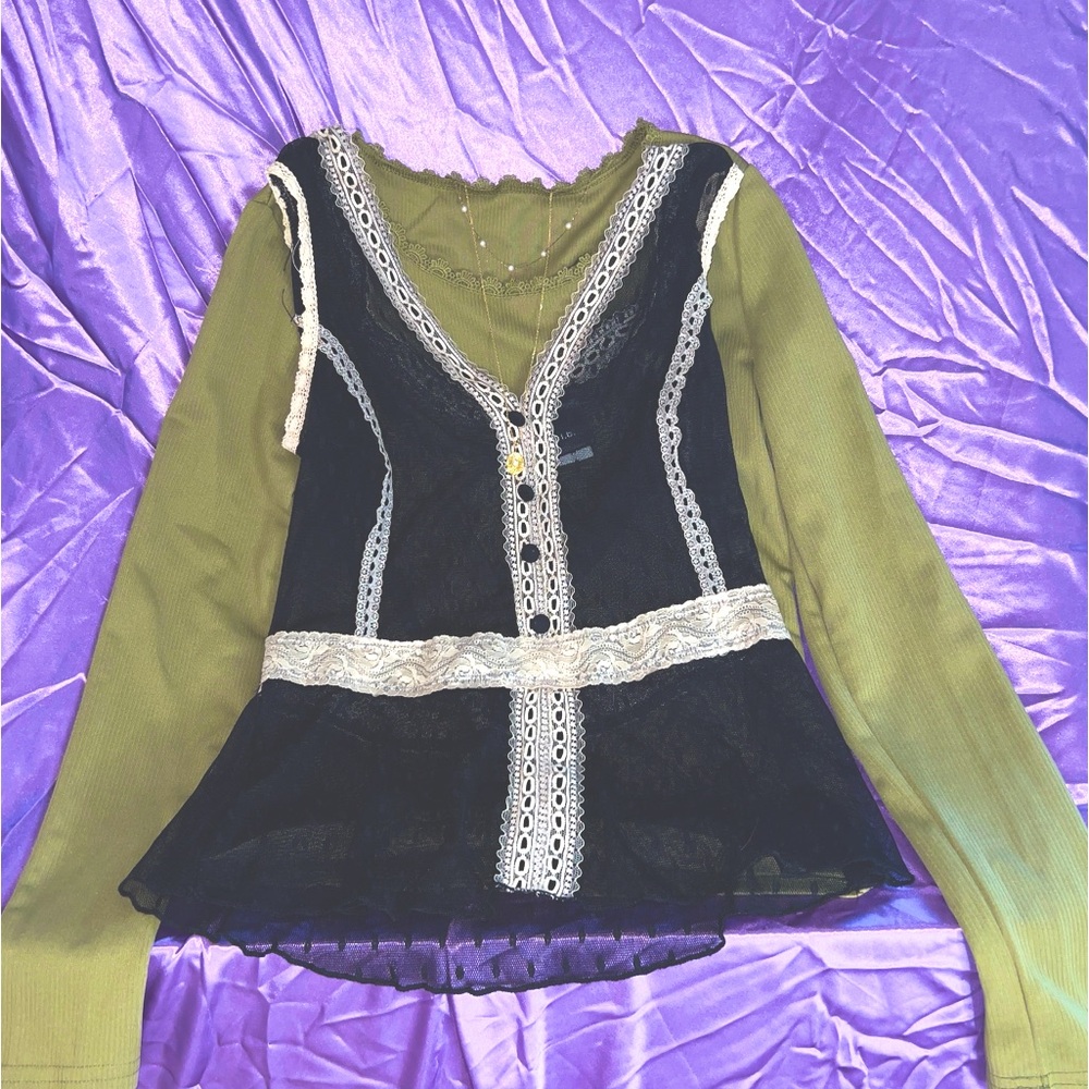 Girly Y2k 90s Green Sleeves Whimsygoth Fairy Layering Shirt Lacey Holiday Fall